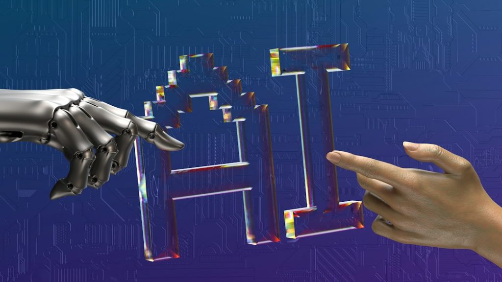 Robot and human hands reaching toward AI text, representing AI in marketing