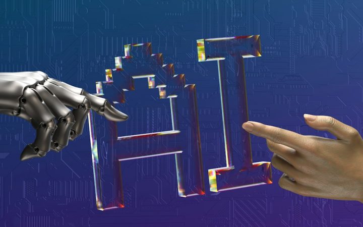 Robot and human hands reaching toward AI text, representing AI in marketing
